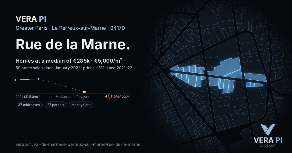 Rue de la Marne, Le Perreux-sur-Marne at night – every parcel coloured by the prices around it, the street's own parcels lit