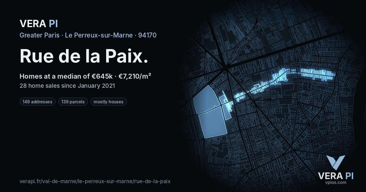 Rue de la Paix, Le Perreux-sur-Marne at night – every parcel coloured by the prices around it, the street's own parcels lit