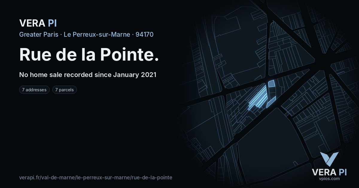 Rue de la Pointe, Le Perreux-sur-Marne at night – every parcel coloured by the prices around it, the street's own parcels lit