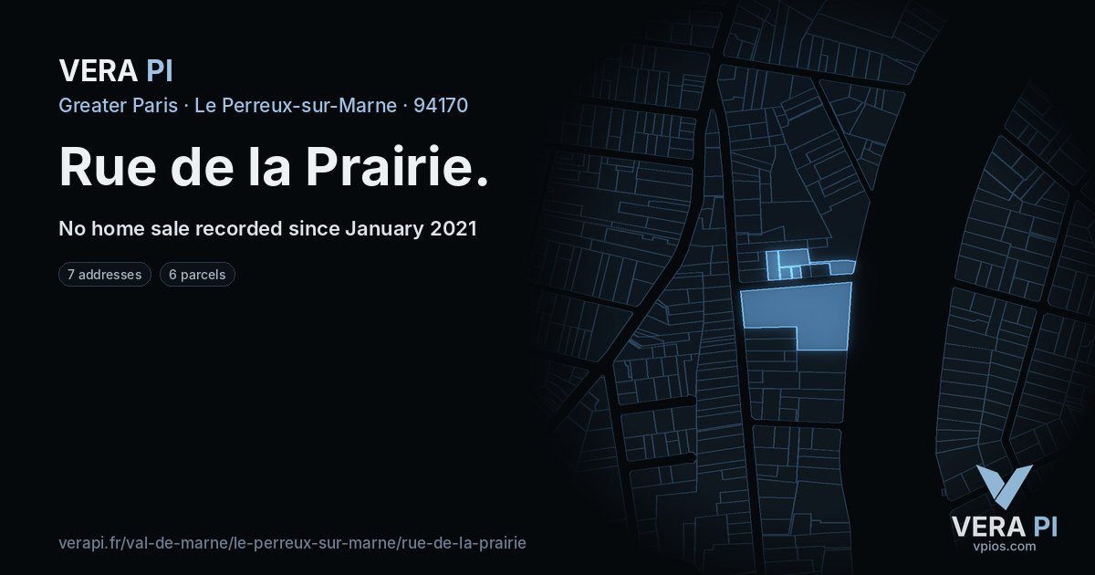Rue de la Prairie, Le Perreux-sur-Marne at night – every parcel coloured by the prices around it, the street's own parcels lit