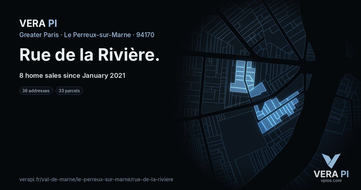 Rue de la Rivière, Le Perreux-sur-Marne at night – every parcel coloured by the prices around it, the street's own parcels lit
