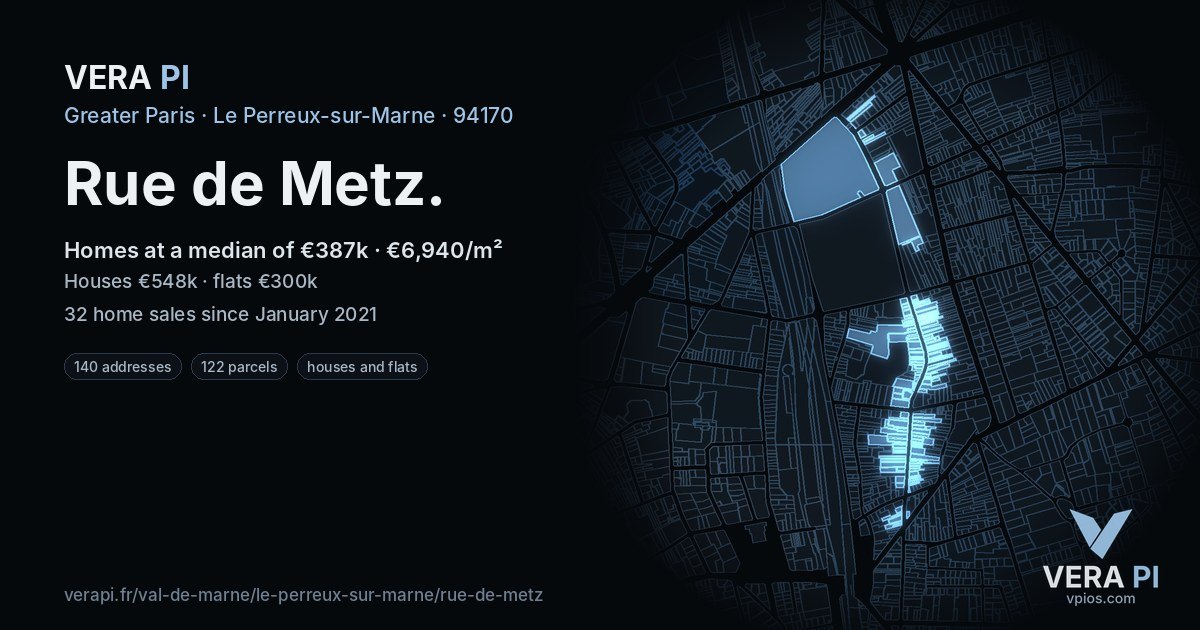 Rue de Metz, Le Perreux-sur-Marne at night – every parcel coloured by the prices around it, the street's own parcels lit
