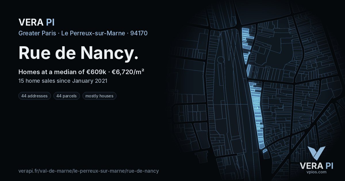 Rue de Nancy, Le Perreux-sur-Marne at night – every parcel coloured by the prices around it, the street's own parcels lit