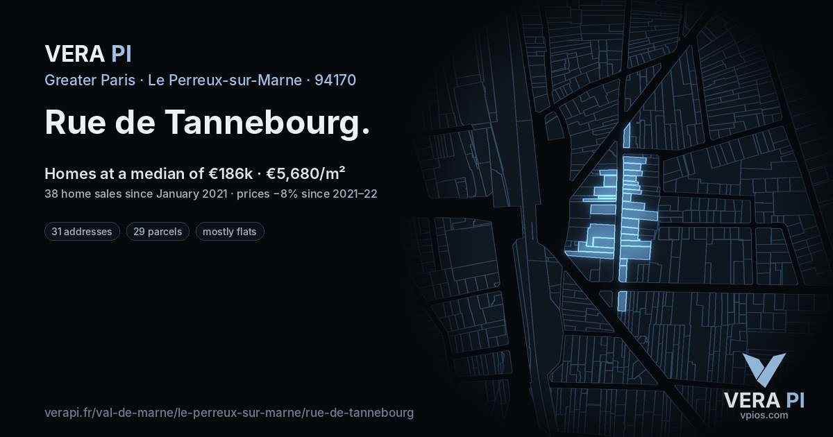 Rue de Tannebourg, Le Perreux-sur-Marne at night – every parcel coloured by the prices around it, the street's own parcels lit