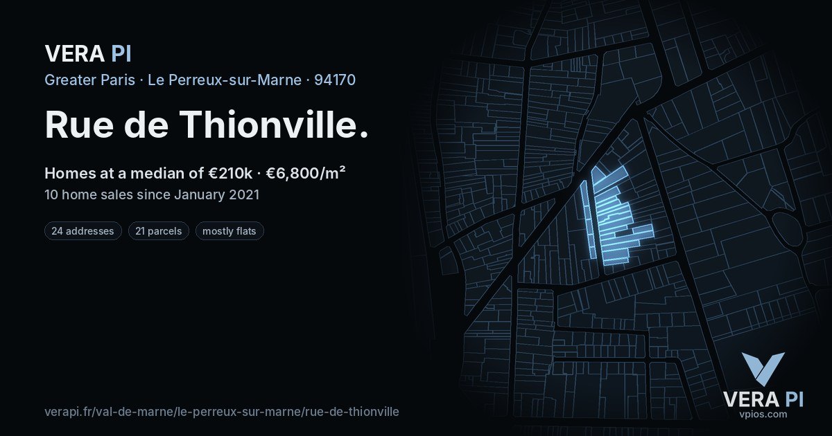 Rue de Thionville, Le Perreux-sur-Marne at night – every parcel coloured by the prices around it, the street's own parcels lit