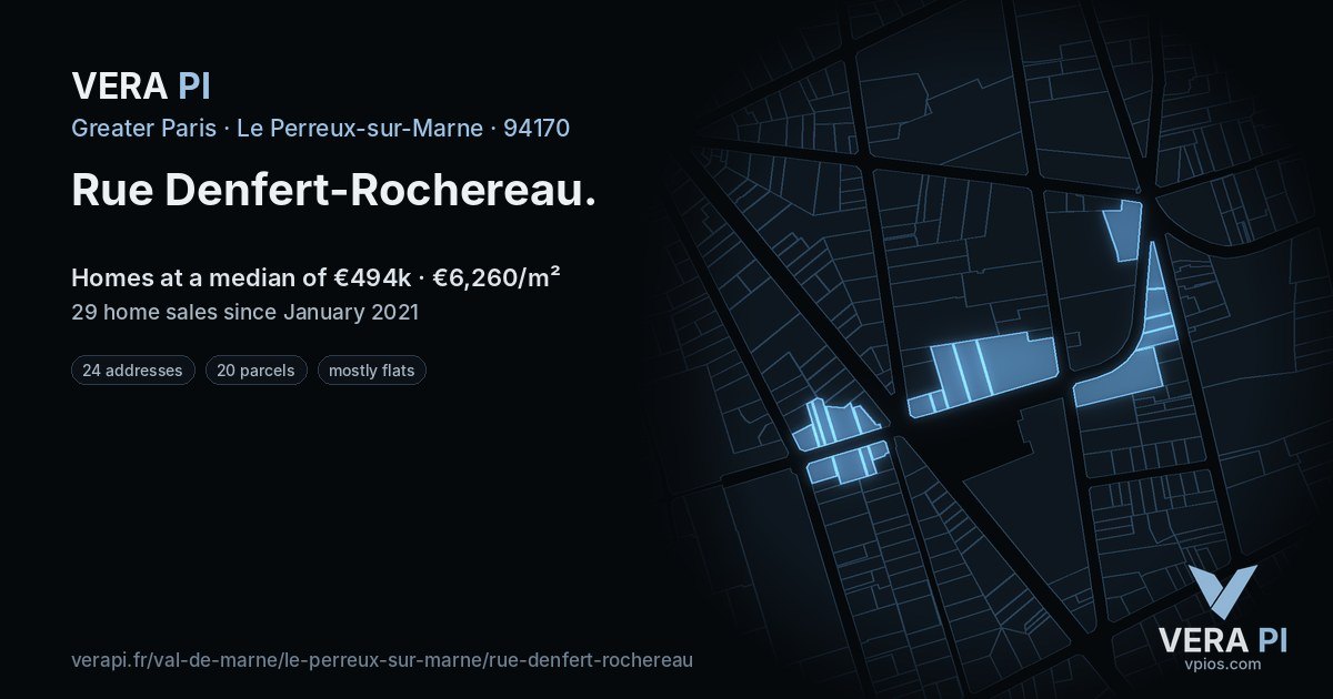 Rue Denfert-Rochereau, Le Perreux-sur-Marne at night – every parcel coloured by the prices around it, the street's own parcels lit