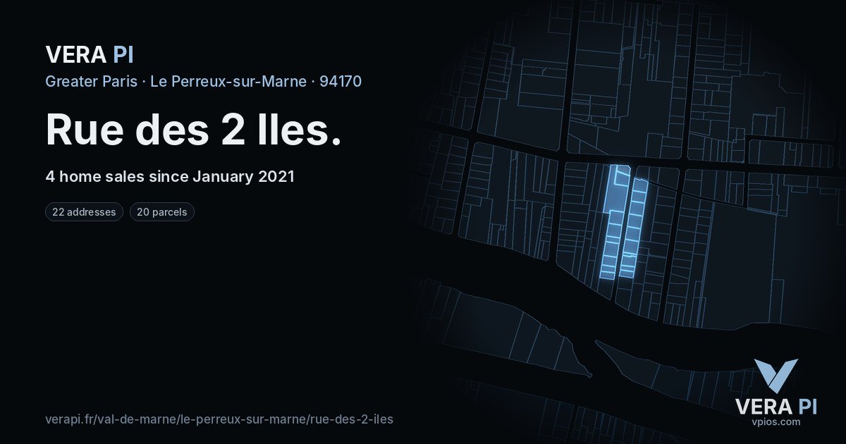 Rue des 2 Iles, Le Perreux-sur-Marne at night – every parcel coloured by the prices around it, the street's own parcels lit