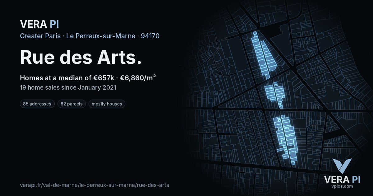 Rue des Arts, Le Perreux-sur-Marne at night – every parcel coloured by the prices around it, the street's own parcels lit