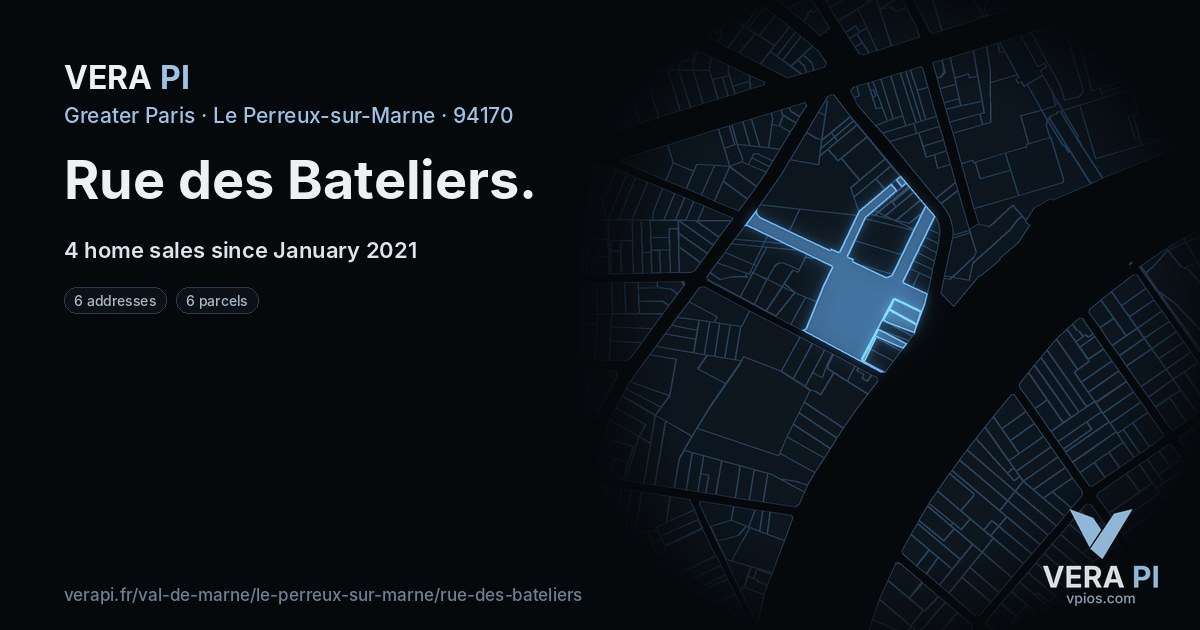 Rue des Bateliers, Le Perreux-sur-Marne at night – every parcel coloured by the prices around it, the street's own parcels lit