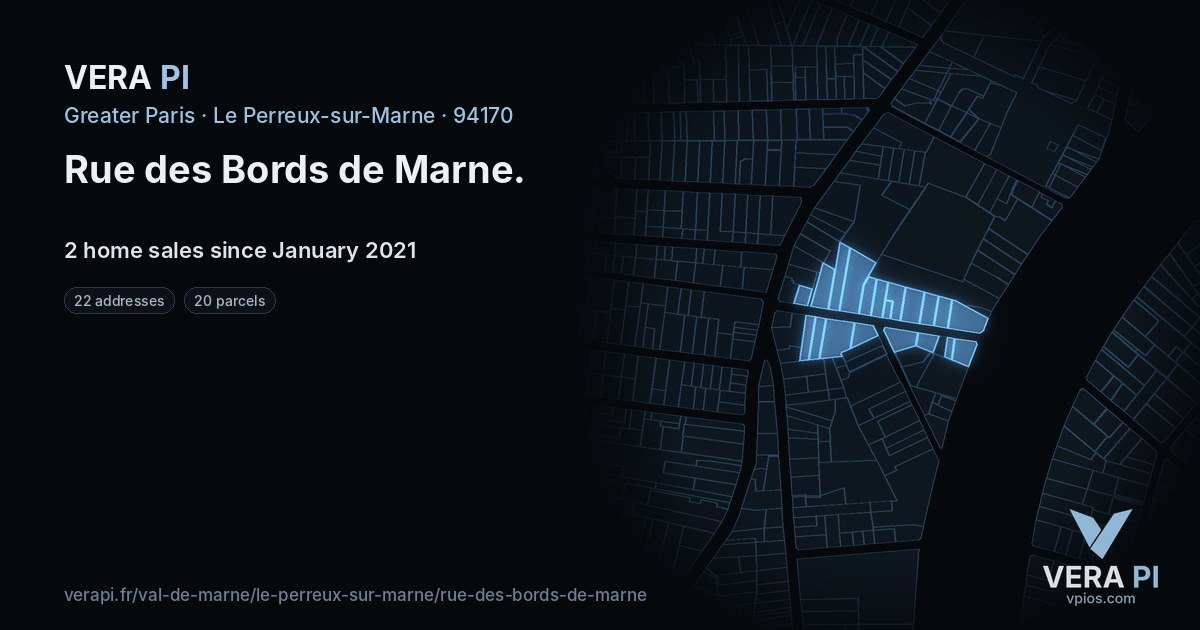 Rue des Bords de Marne, Le Perreux-sur-Marne at night – every parcel coloured by the prices around it, the street's own parcels lit