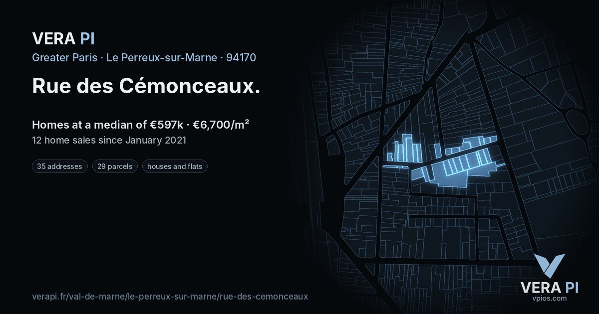 Rue des Cémonceaux, Le Perreux-sur-Marne at night – every parcel coloured by the prices around it, the street's own parcels lit