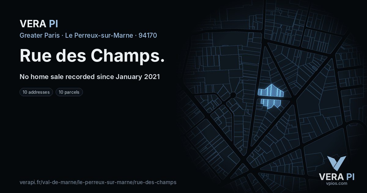 Rue des Champs, Le Perreux-sur-Marne at night – every parcel coloured by the prices around it, the street's own parcels lit