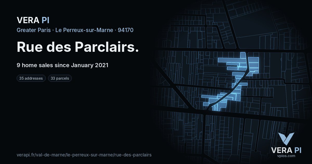 Rue des Parclairs, Le Perreux-sur-Marne at night – every parcel coloured by the prices around it, the street's own parcels lit