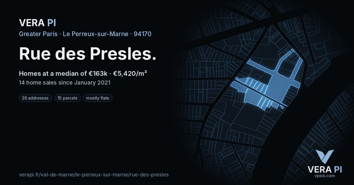 Rue des Presles, Le Perreux-sur-Marne at night – every parcel coloured by the prices around it, the street's own parcels lit