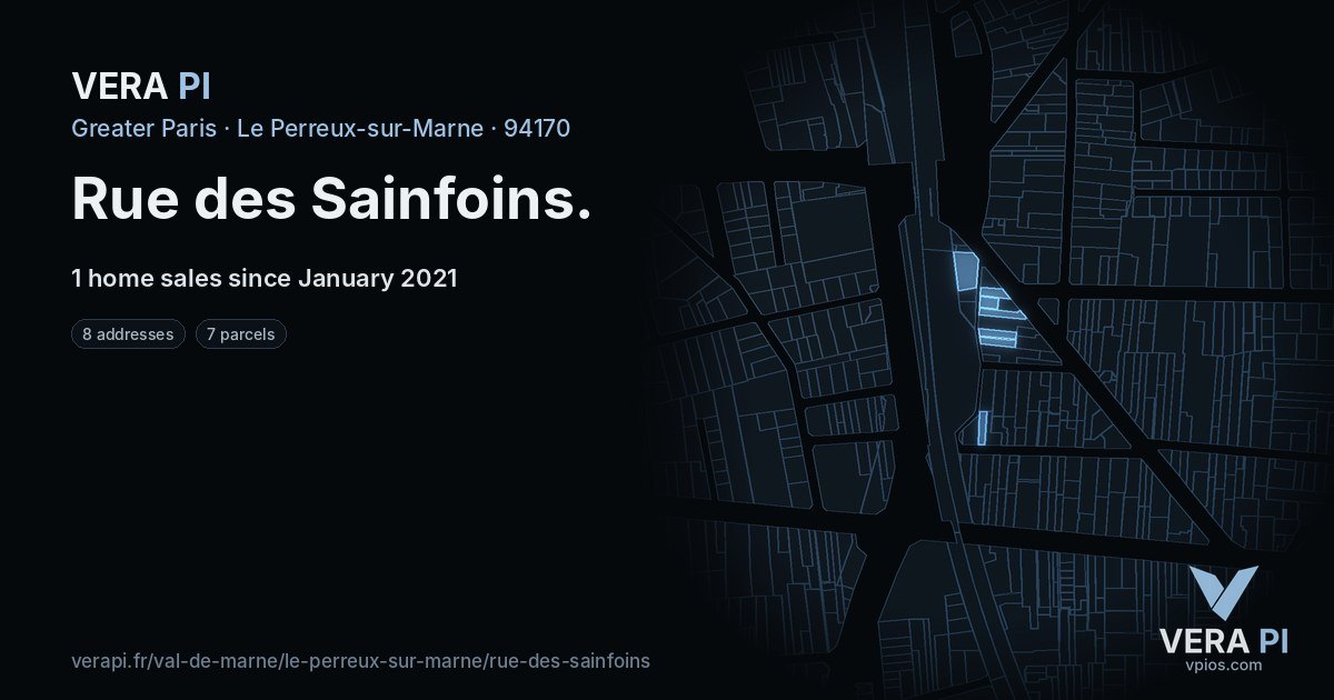 Rue des Sainfoins, Le Perreux-sur-Marne at night – every parcel coloured by the prices around it, the street's own parcels lit