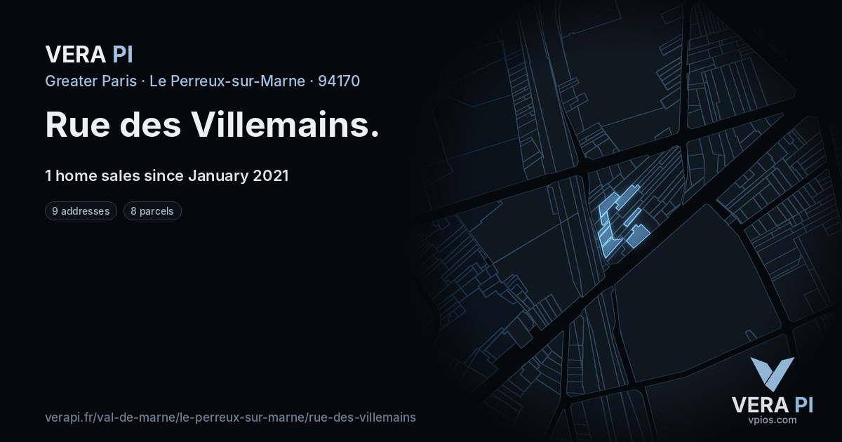Rue des Villemains, Le Perreux-sur-Marne at night – every parcel coloured by the prices around it, the street's own parcels lit
