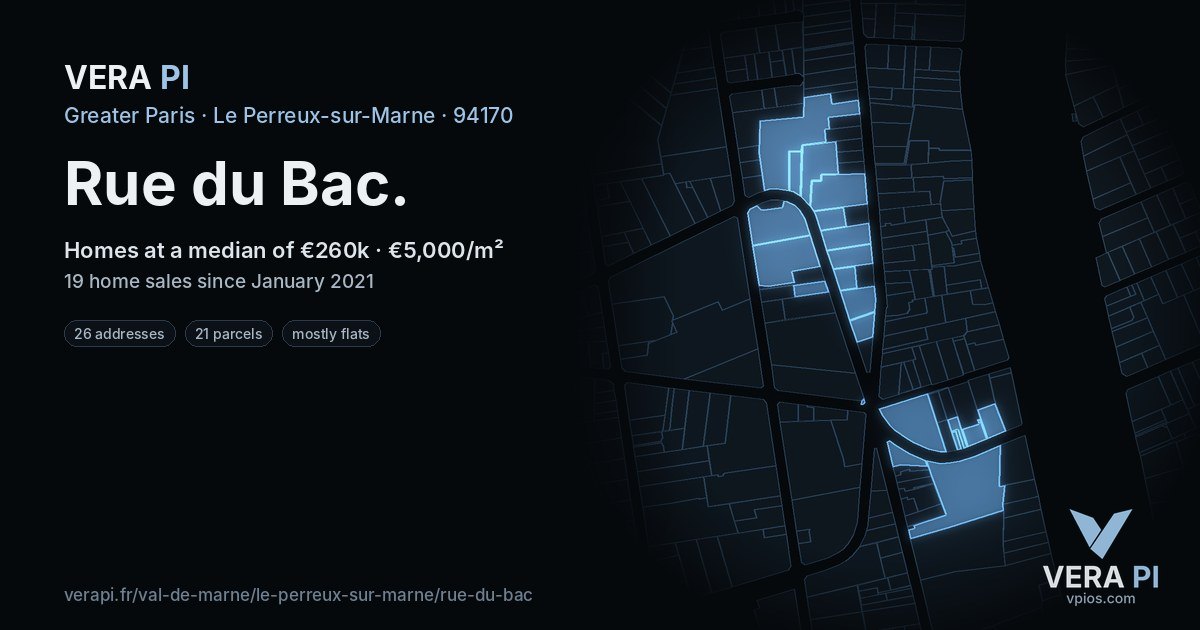 Rue du Bac, Le Perreux-sur-Marne at night – every parcel coloured by the prices around it, the street's own parcels lit