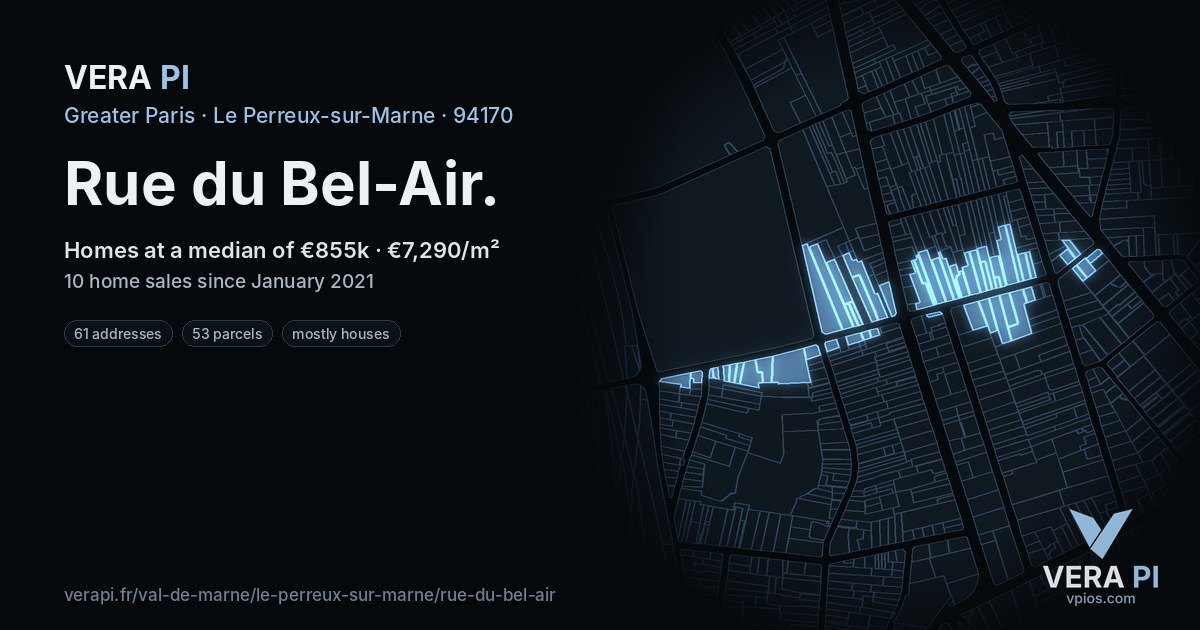 Rue du Bel-Air, Le Perreux-sur-Marne at night – every parcel coloured by the prices around it, the street's own parcels lit