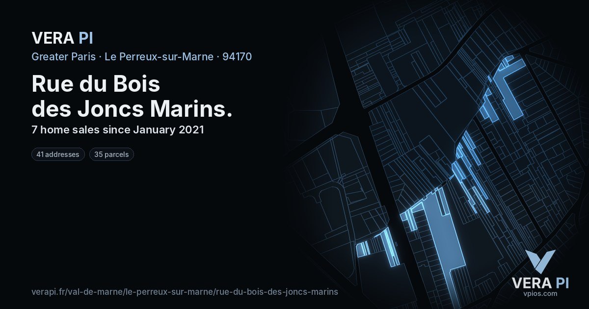 Rue du Bois des Joncs Marins, Le Perreux-sur-Marne at night – every parcel coloured by the prices around it, the street's own parcels lit