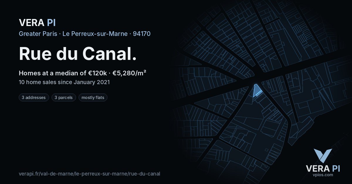 Rue du Canal, Le Perreux-sur-Marne at night – every parcel coloured by the prices around it, the street's own parcels lit