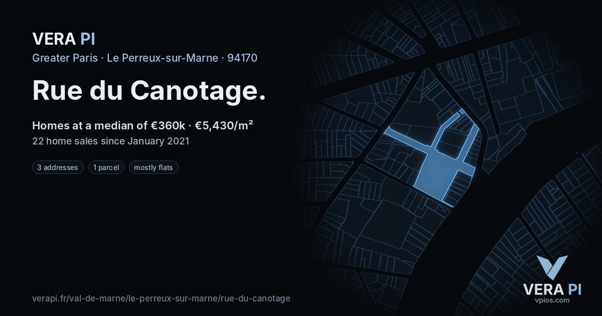 Rue du Canotage, Le Perreux-sur-Marne at night – every parcel coloured by the prices around it, the street's own parcels lit
