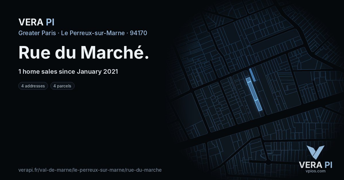 Rue du Marché, Le Perreux-sur-Marne at night – every parcel coloured by the prices around it, the street's own parcels lit