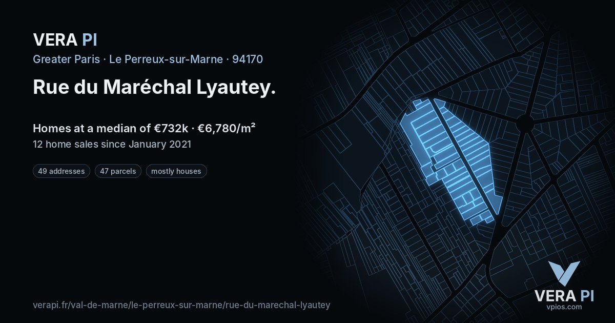 Rue du Maréchal Lyautey, Le Perreux-sur-Marne at night – every parcel coloured by the prices around it, the street's own parcels lit