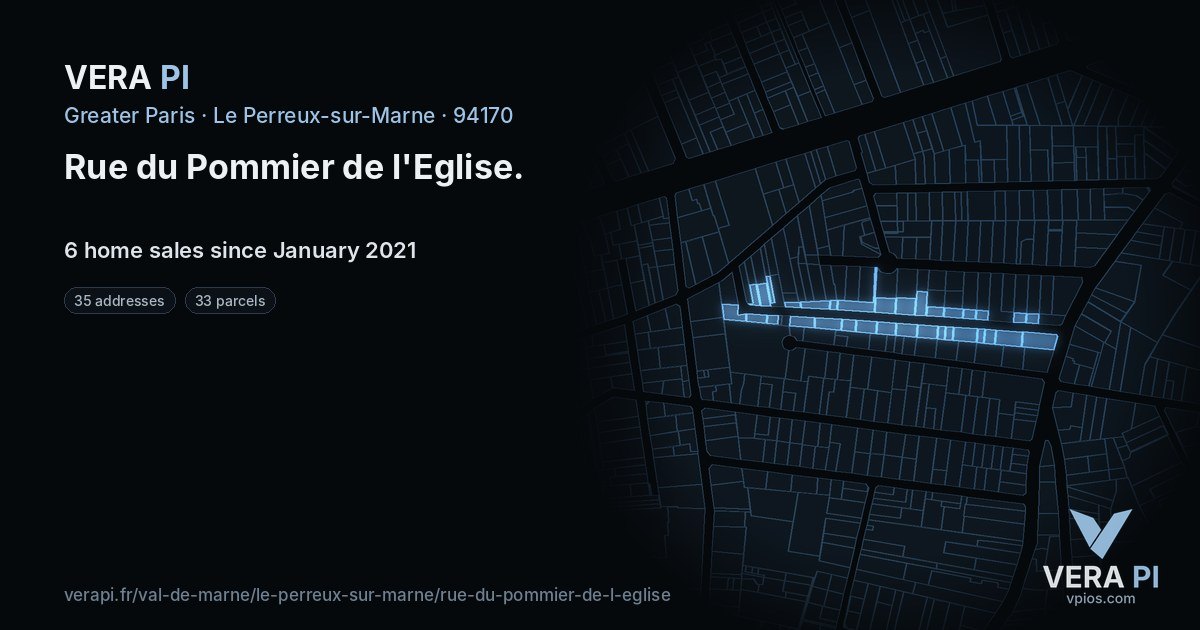 Rue du Pommier de l'Eglise, Le Perreux-sur-Marne at night – every parcel coloured by the prices around it, the street's own parcels lit