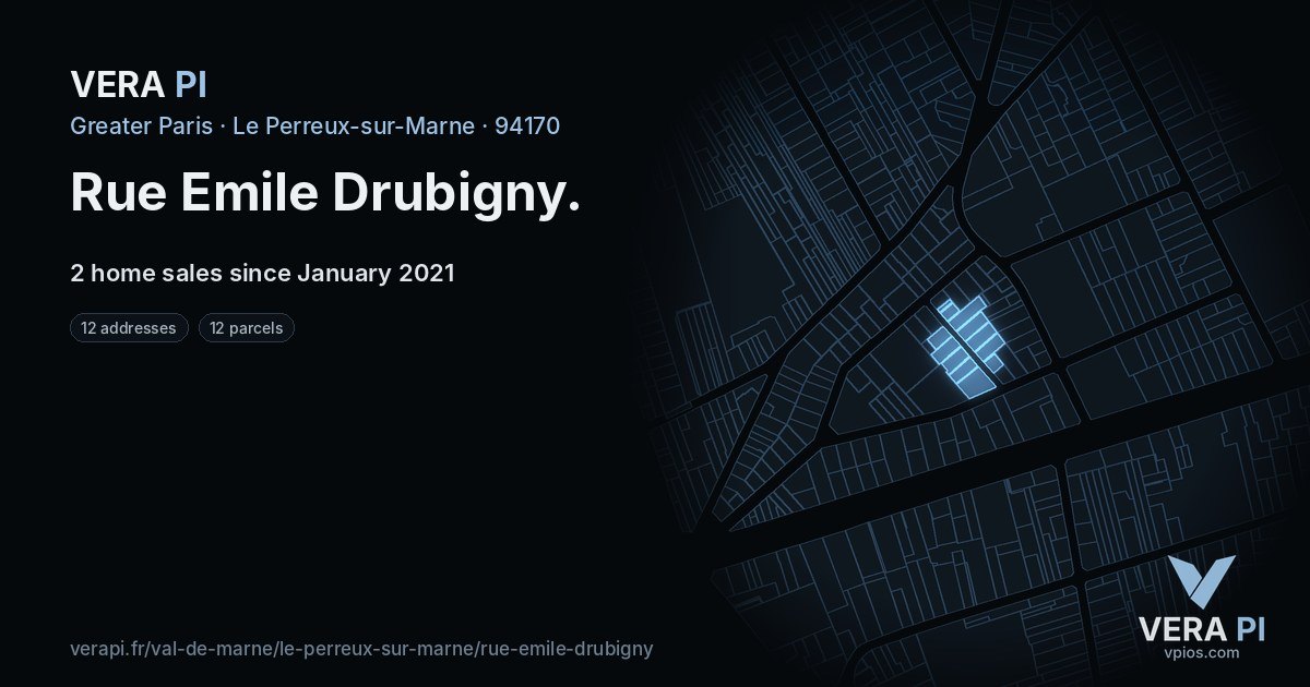 Rue Emile Drubigny, Le Perreux-sur-Marne at night – every parcel coloured by the prices around it, the street's own parcels lit