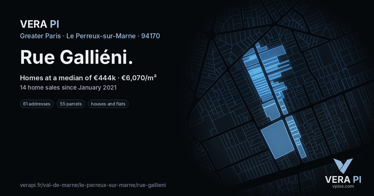 Rue Galliéni, Le Perreux-sur-Marne at night – every parcel coloured by the prices around it, the street's own parcels lit