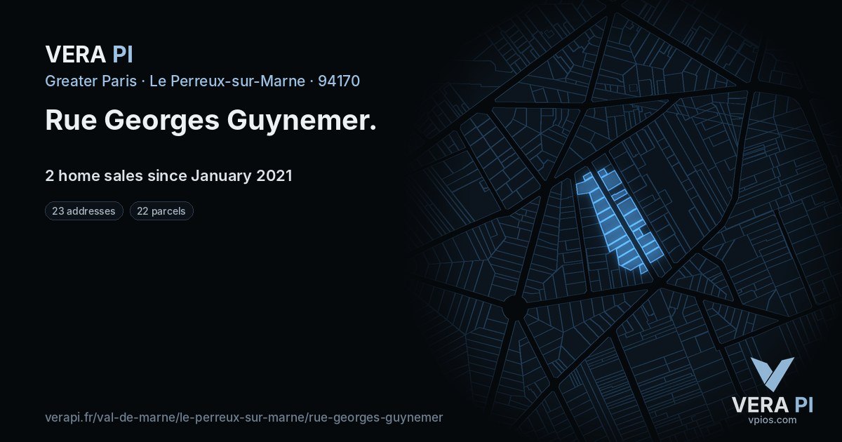 Rue Georges Guynemer, Le Perreux-sur-Marne at night – every parcel coloured by the prices around it, the street's own parcels lit