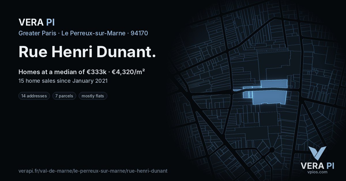 Rue Henri Dunant, Le Perreux-sur-Marne at night – every parcel coloured by the prices around it, the street's own parcels lit