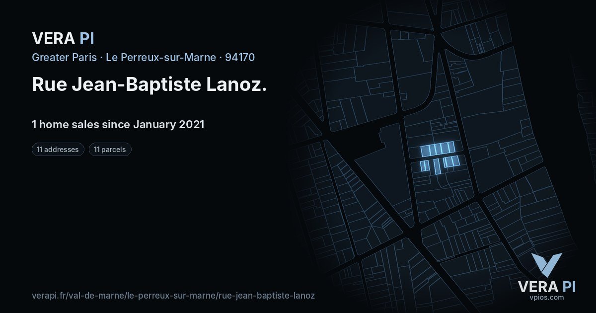 Rue Jean-Baptiste Lanoz, Le Perreux-sur-Marne at night – every parcel coloured by the prices around it, the street's own parcels lit