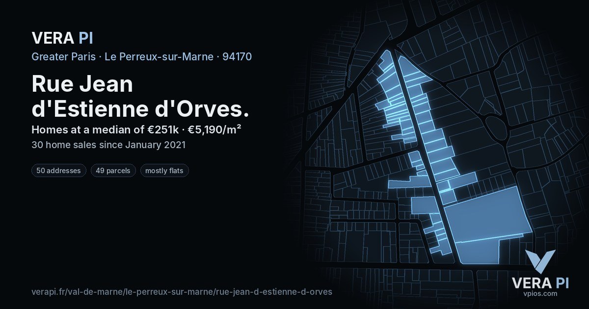Rue Jean d'Estienne d'Orves, Le Perreux-sur-Marne at night – every parcel coloured by the prices around it, the street's own parcels lit