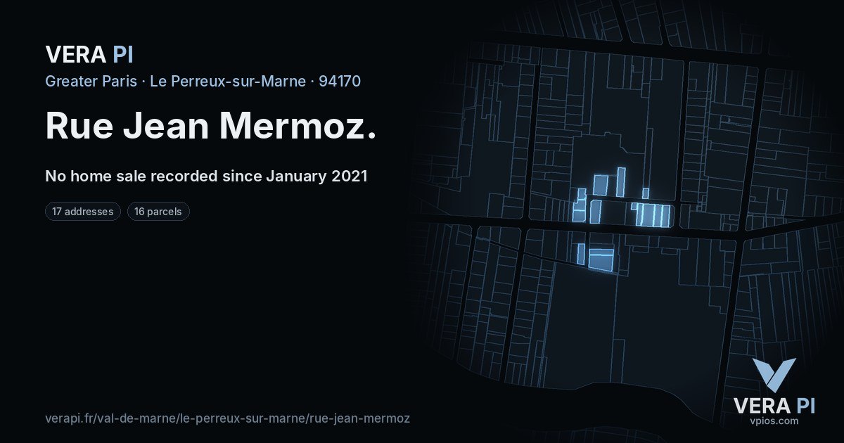 Rue Jean Mermoz, Le Perreux-sur-Marne at night – every parcel coloured by the prices around it, the street's own parcels lit