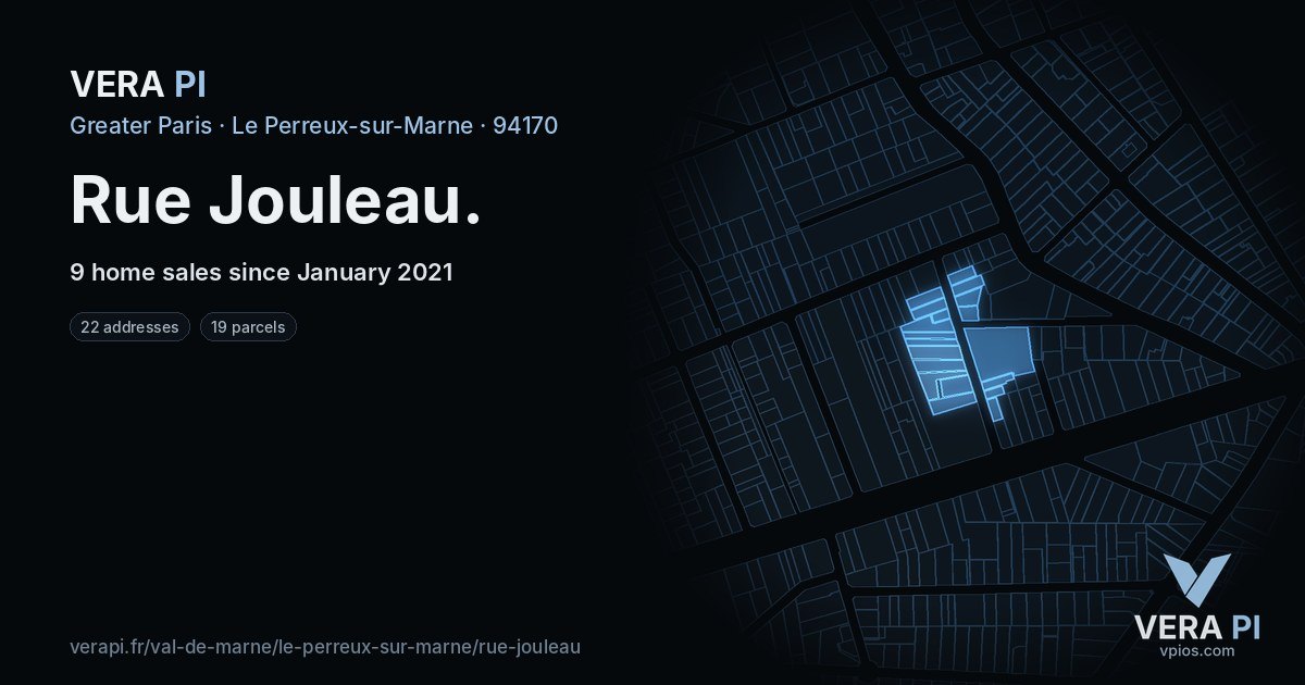 Rue Jouleau, Le Perreux-sur-Marne at night – every parcel coloured by the prices around it, the street's own parcels lit