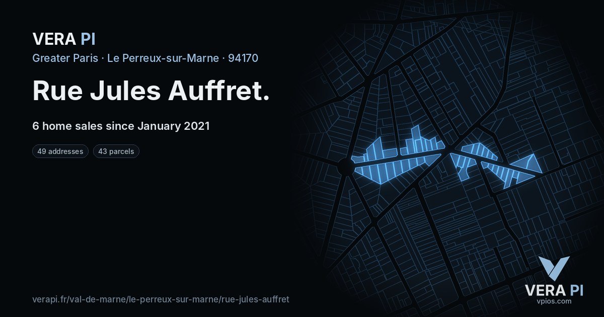 Rue Jules Auffret, Le Perreux-sur-Marne at night – every parcel coloured by the prices around it, the street's own parcels lit