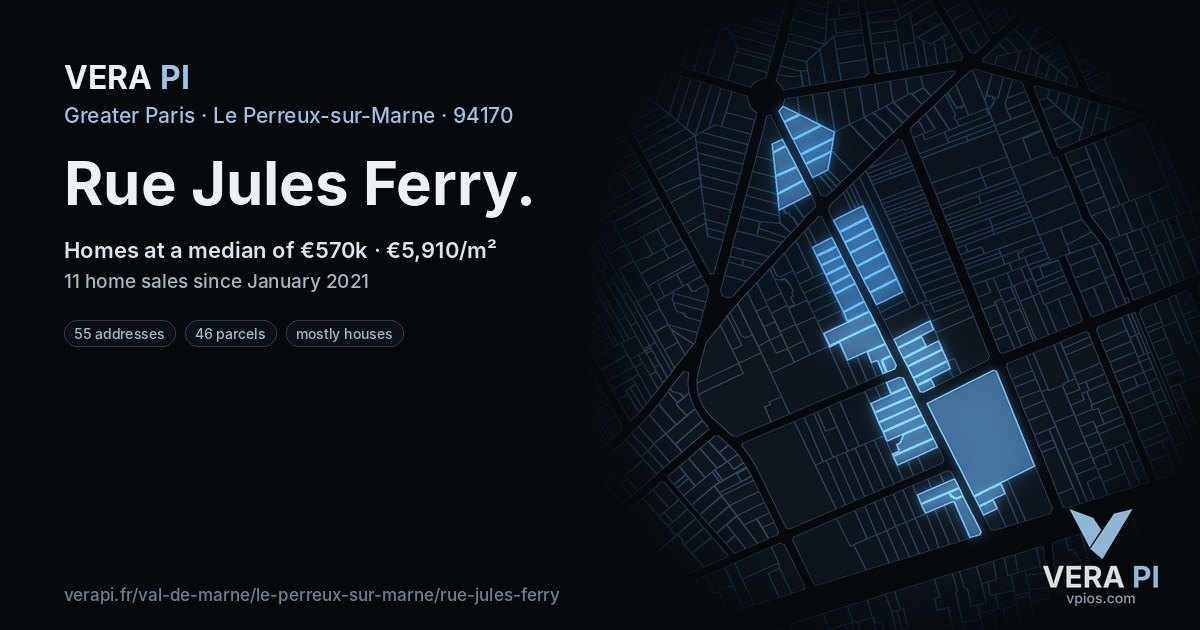 Rue Jules Ferry, Le Perreux-sur-Marne at night – every parcel coloured by the prices around it, the street's own parcels lit
