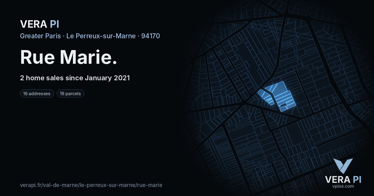 Rue Marie, Le Perreux-sur-Marne at night – every parcel coloured by the prices around it, the street's own parcels lit