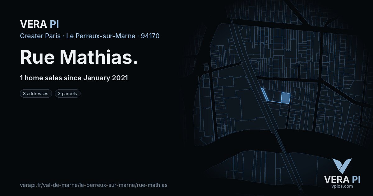 Rue Mathias, Le Perreux-sur-Marne at night – every parcel coloured by the prices around it, the street's own parcels lit
