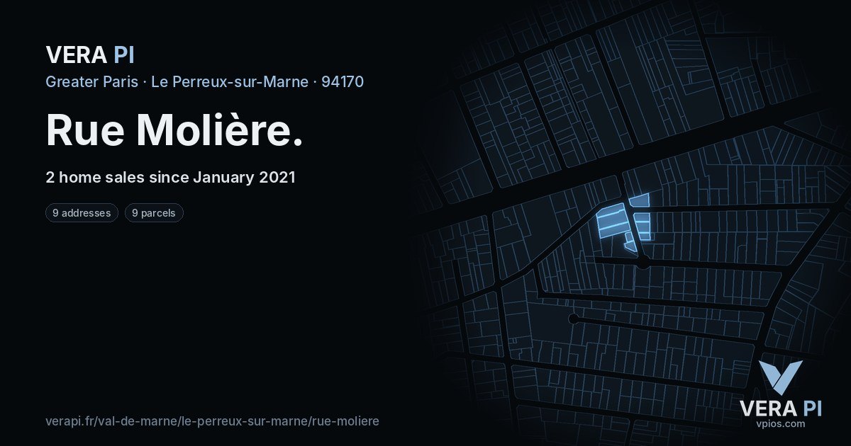 Rue Molière, Le Perreux-sur-Marne at night – every parcel coloured by the prices around it, the street's own parcels lit