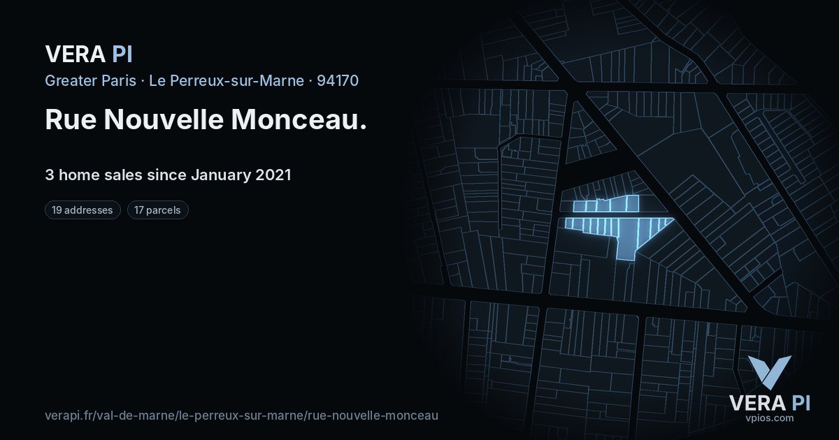Rue Nouvelle Monceau, Le Perreux-sur-Marne at night – every parcel coloured by the prices around it, the street's own parcels lit
