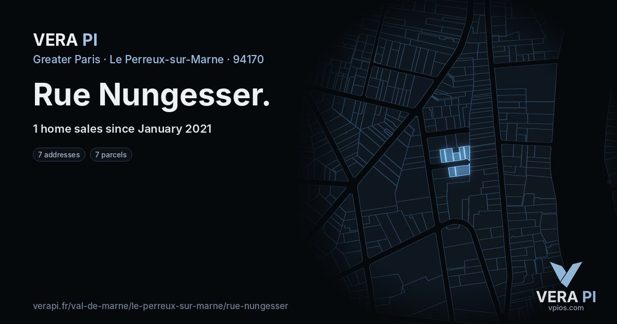 Rue Nungesser, Le Perreux-sur-Marne at night – every parcel coloured by the prices around it, the street's own parcels lit