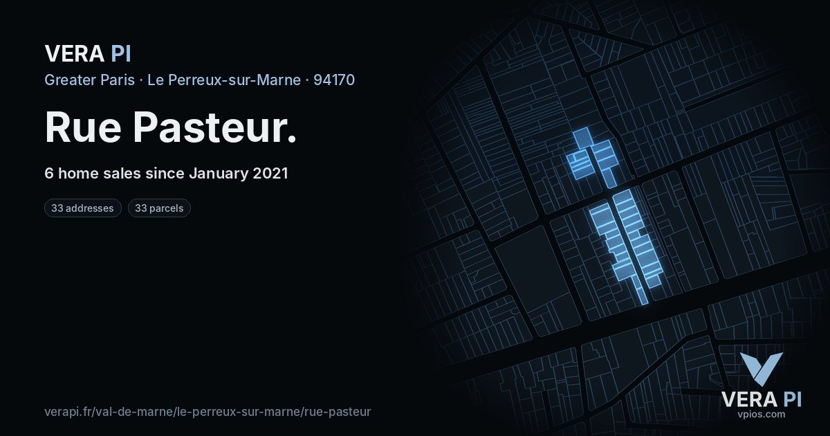 Rue Pasteur, Le Perreux-sur-Marne at night – every parcel coloured by the prices around it, the street's own parcels lit