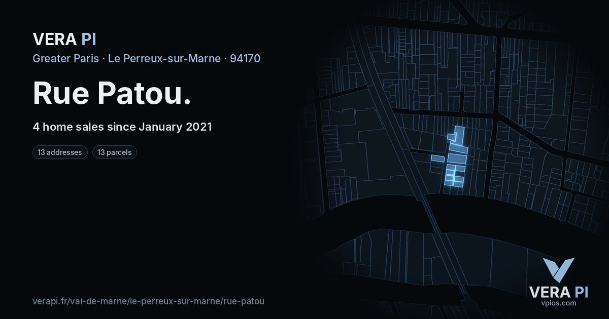 Rue Patou, Le Perreux-sur-Marne at night – every parcel coloured by the prices around it, the street's own parcels lit