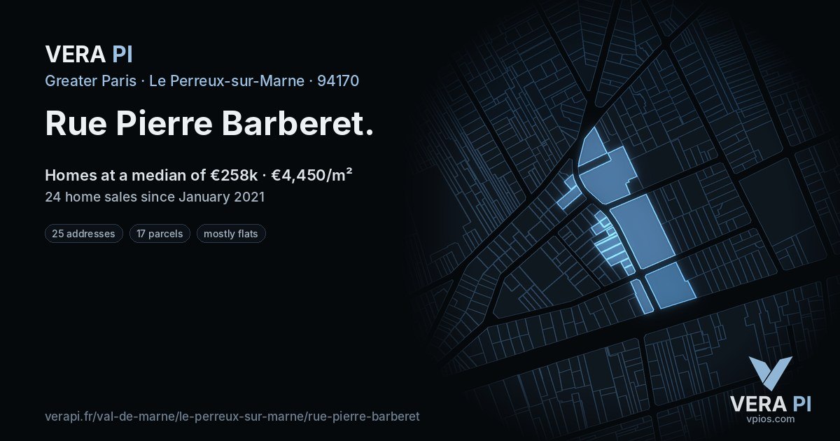 Rue Pierre Barberet, Le Perreux-sur-Marne at night – every parcel coloured by the prices around it, the street's own parcels lit