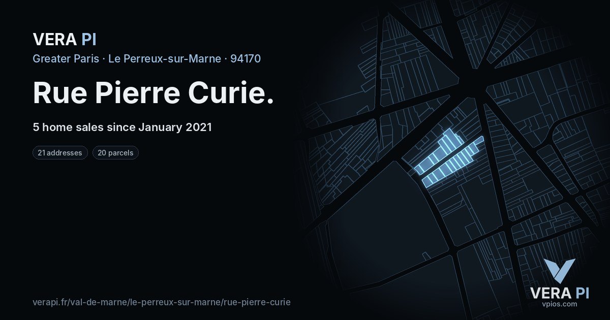 Rue Pierre Curie, Le Perreux-sur-Marne at night – every parcel coloured by the prices around it, the street's own parcels lit