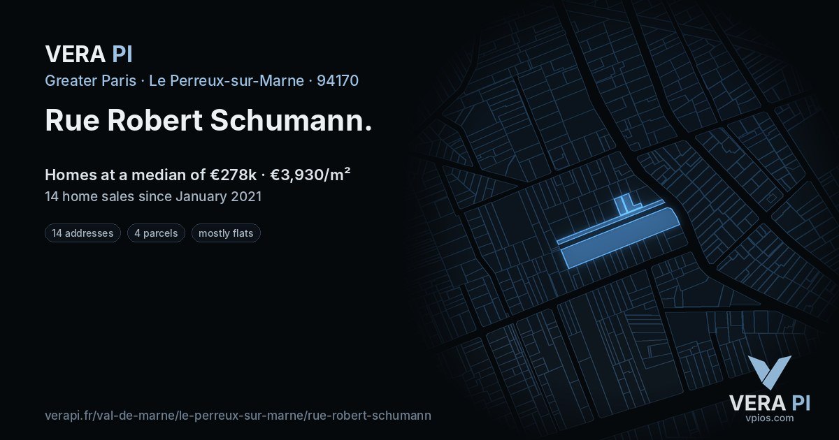 Rue Robert Schumann, Le Perreux-sur-Marne at night – every parcel coloured by the prices around it, the street's own parcels lit