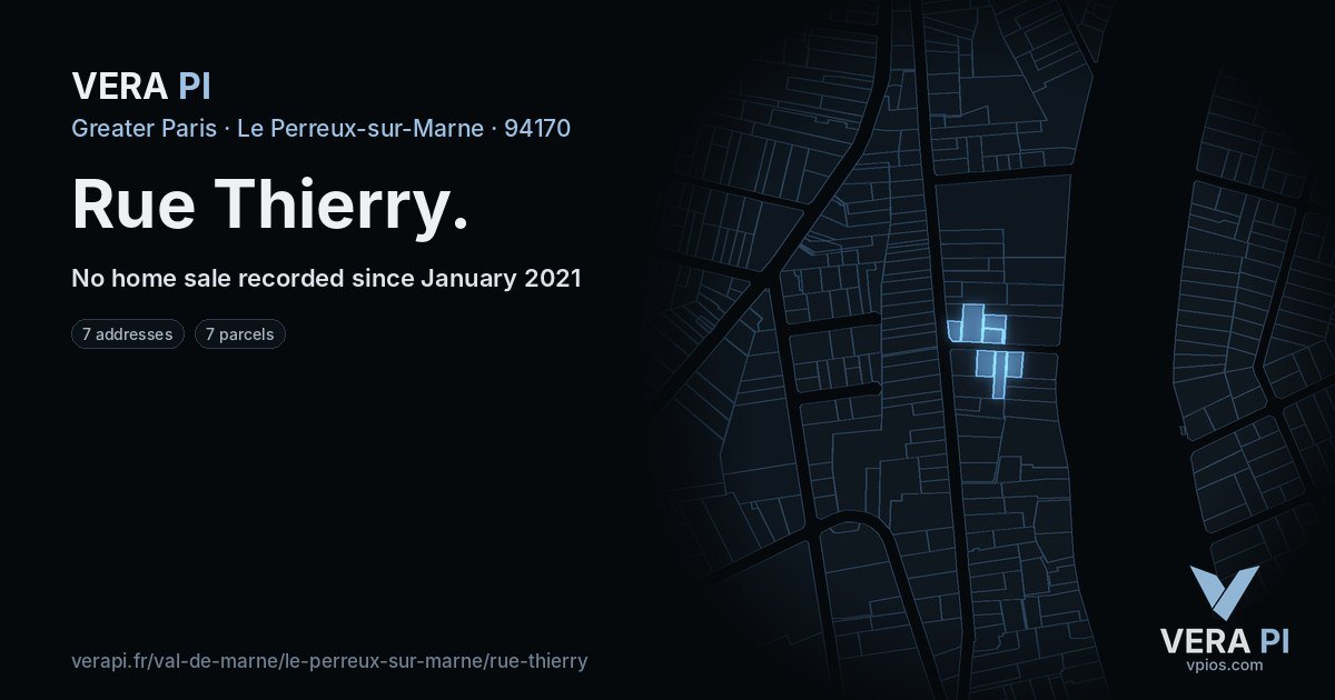 Rue Thierry, Le Perreux-sur-Marne at night – every parcel coloured by the prices around it, the street's own parcels lit