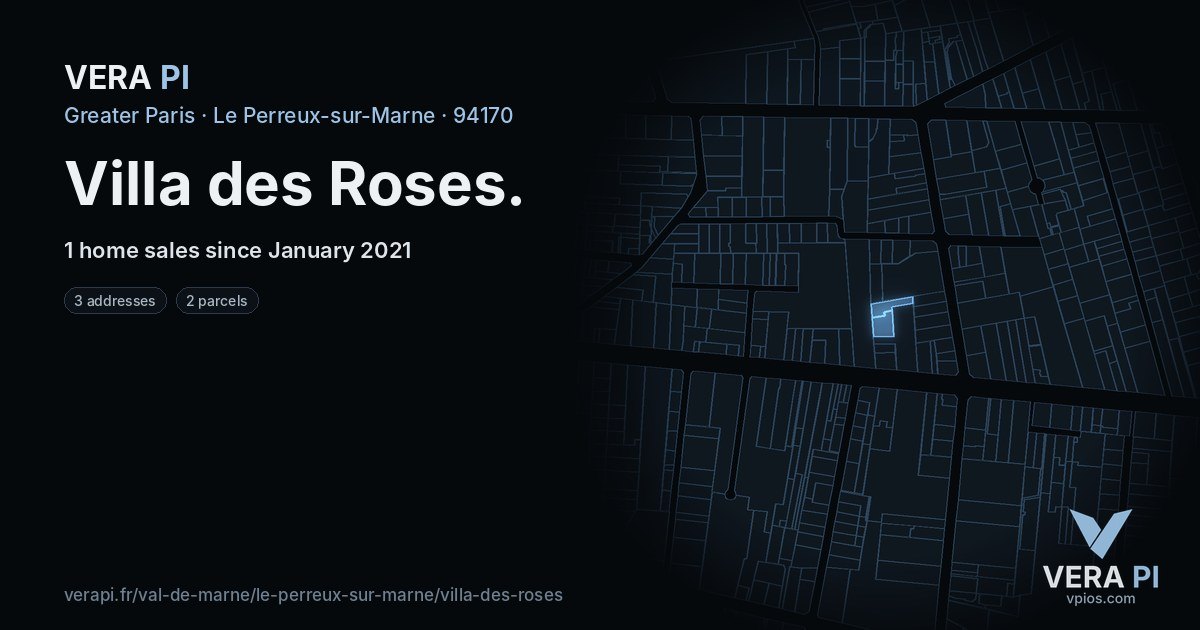 Villa des Roses, Le Perreux-sur-Marne at night – every parcel coloured by the prices around it, the street's own parcels lit